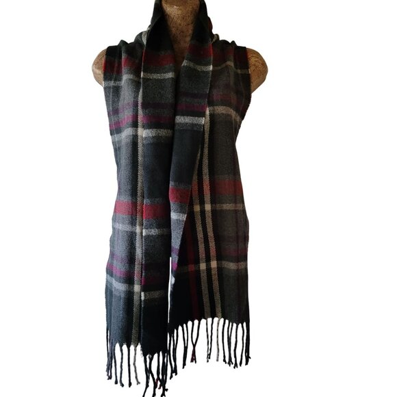 Plaid Fringe Dark Academia Preppy Scarf - Black Red & Gray Checkered Design - Picture 2 of 5